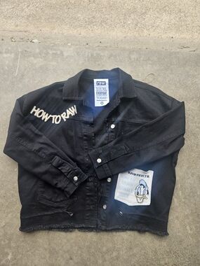 Raw Denim Cropped Jacket Black Patchwork “How To Raw” Graphic Size M